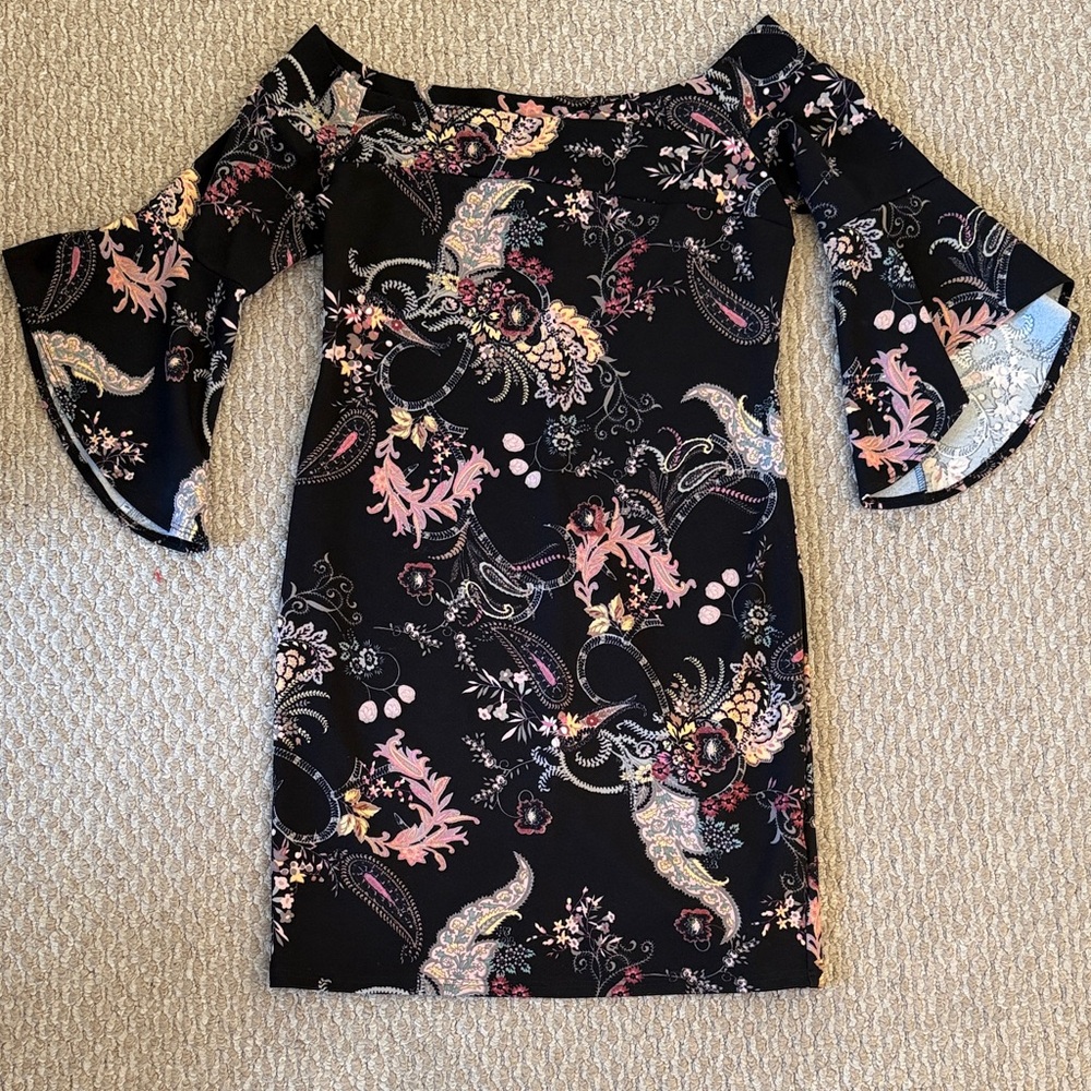 bebe Black Off-Shoulder Paisley Mini Dress with Pink Accents
